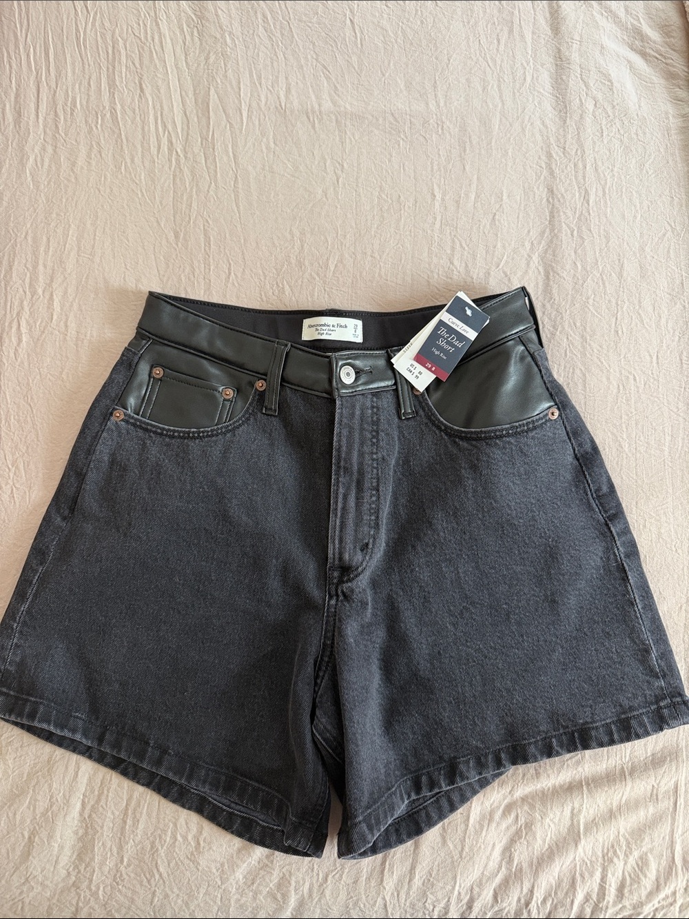 Abercrombie Black Denim Shorts with Faux Leather Waistband